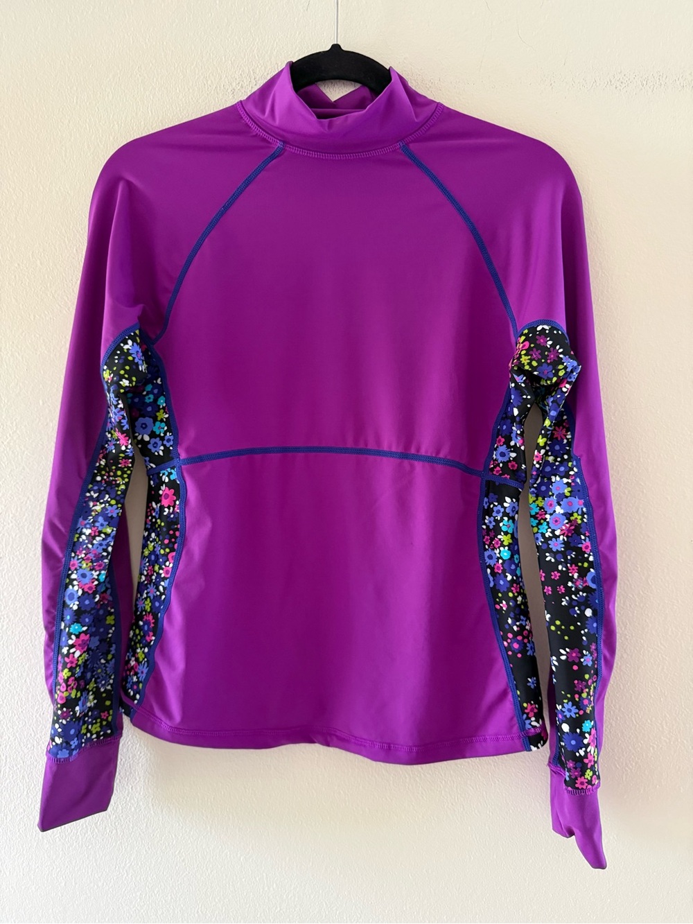 Athleta Magenta Mock Neck Swim, Workout Top with Floral Sleeves Back Pocket